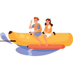 Joyful Couple Enjoys Banana Boat Ride on a Sunny Day with Blue Water Splashing and Orange Float Below