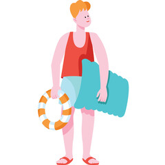 Person Standing With A Towel And Lifebuoy Ready For Beach Day With Red Shirt Blue Shorts And Red Sandals Isolated On White Background