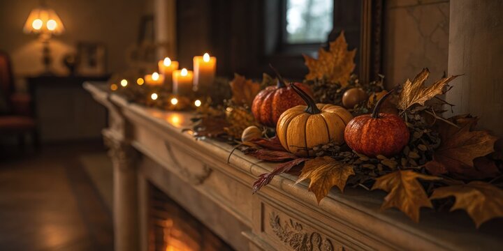 Thanksgiving mantelpiece with pumpkins, candles, and autumn leaves