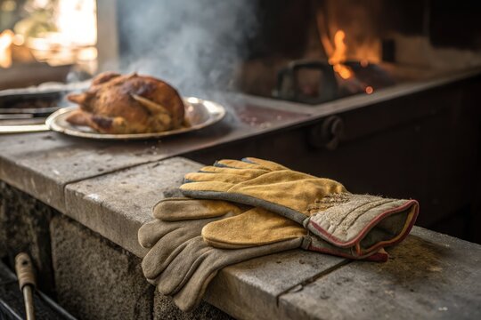 Thanksgiving feast with roasted turkey and protective gloves ready for serving