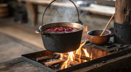Thanksgiving cranberry sauce simmering in a cast iron pot over an open fire