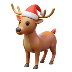 Fototapeta premium 3d cute fawn wearing red christmas hat icon. Isolated deer figurine