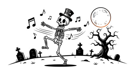 Dancing Skeleton in Cemetery with Top Hat and Musical Notes.