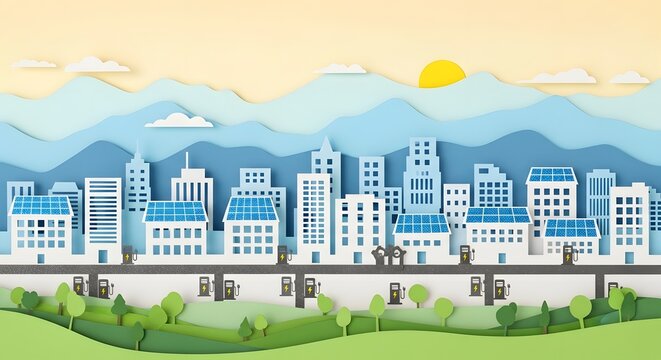 Eco-friendly city with solar panels and electric vehicle charging stations in a paper cutout art style.