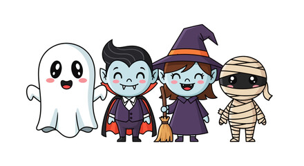 Cute Halloween Characters - Ghost, Vampire, Witch, and Mummy.