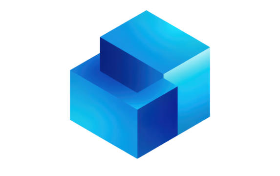 Isometric view of blue gradient cubes, a small cube partially atop a large cube on a stark black background