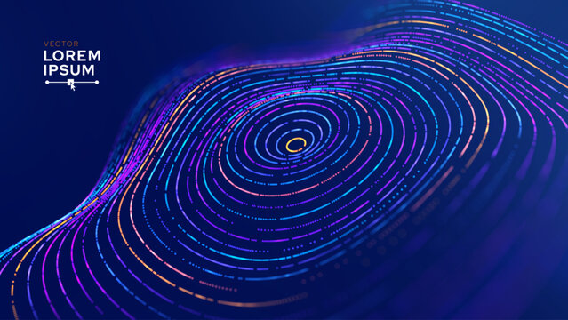 Abstract Circular Line Trails Moving in Circle. Blue Digital Business or Science Background. Medical Research or Tech Innovation Online Webinar Presentation Event. Sound Wave Circles Vector.