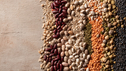 Obraz premium Close-up shot of various dried beans and lentils arranged in vertical rows on a wooden surface.
