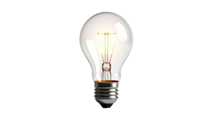 Lit light bulb with a clear glass enclosure and glowing filament against a stark black background, showcasing its illumination