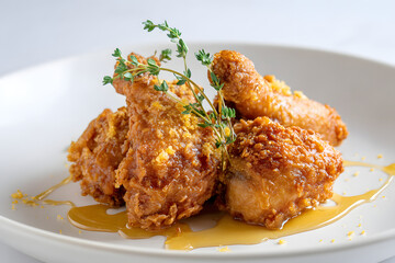 Crispy Cornmeal Chicken Wings with Honey Drizzle and Fresh Herbs on White Plate