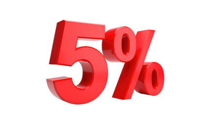 Shiny, 3D-rendered red "5%" symbol isolated against a black background, angled for perspective