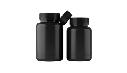 Two black plastic pill bottles, one with the lid askew, set against a dark background