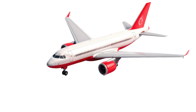 An airplane is flying in the sky, depicted with red accents, wings spread, over a void black backdrop