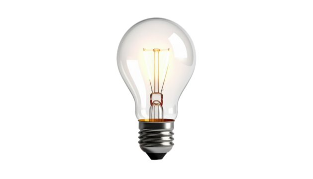 Lit light bulb with a clear glass enclosure and glowing filament against a stark black background, showcasing its illumination