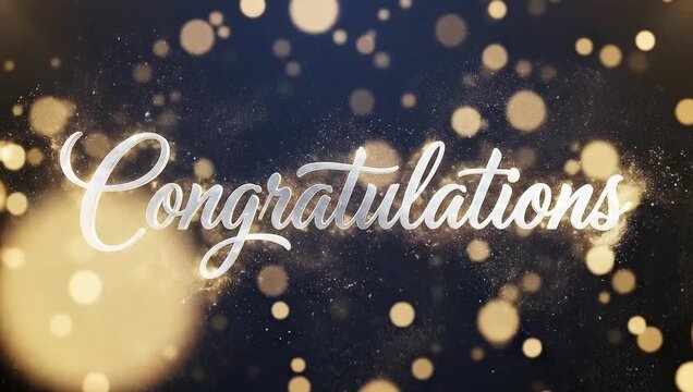 Celebrate success with this elegant 'Congratulations' text overlay shimmering amidst a festive bokeh and sparkling particle backdrop - Powered by Adobe