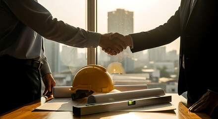 Construction professionals shaking hands over blueprints and hard hat in a meeting room.