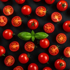 Overhead shot of ripe cherry tomatoes and basil on a dark surface