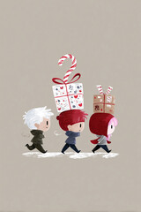 Cute cartoon of characters carrying big gift boxes and candy canes

