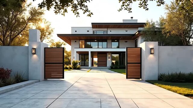 A modern luxury house with open wooden gates and a spacious concrete driveway on a sunny day.