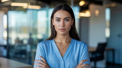 Obraz premium A confident woman stands with crossed arms, wearing a blue blouse, in a modern office setting with glass walls and warm lighting.