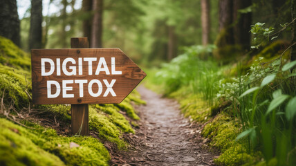 A wooden sign points towards a tranquil forest path, promoting a digital detox amidst lush greenery and natural beauty.