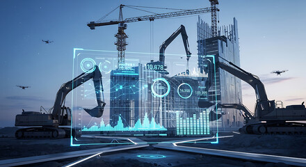 Futuristic construction site with cranes and digital interfaces visualizing future urban development