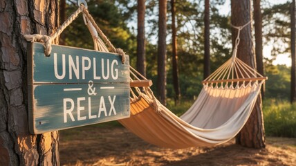 A serene setting featuring a sign that says "Unplug & Relax" beside a hammock, surrounded by tall trees, inviting a peaceful escape in nature.