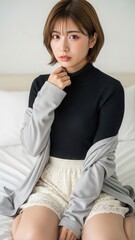 ベッドに座り、首元に手を当てて見つめる女性