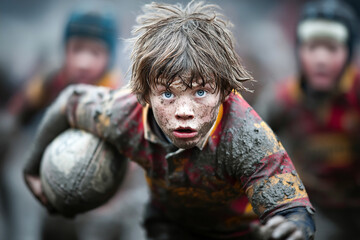 Exciting rugby tackle in muddy conditions showcases dynamic youth sport action Generative AI