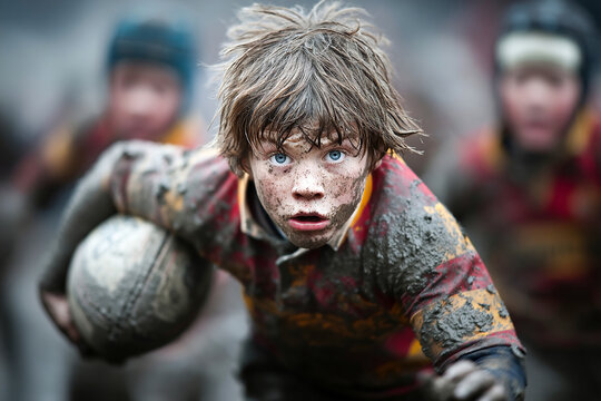 Exciting rugby tackle in muddy conditions showcases dynamic youth sport action Generative AI - Powered by Adobe