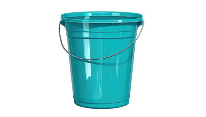 Glossy cyan bucket with a metal handle on a black background with highlights and contouring for visual depth