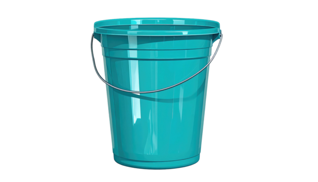 Glossy cyan bucket with a metal handle on a black background with highlights and contouring for visual depth