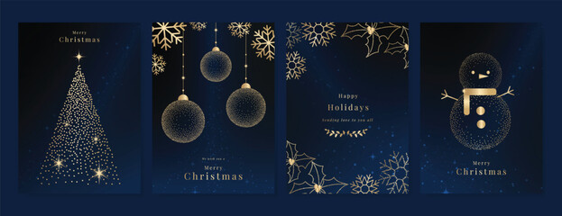 Plakat Christmas and Happy Holidays card vector set. Luxury gold victorian frame, leaves branch, flower, star, snowflake on navy blue background. Design illustration for poster, cover, invitation, ads. 