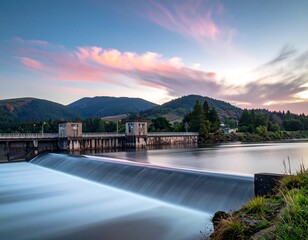 Picturesque dam over tranquil water reflecting a vibrant sunset