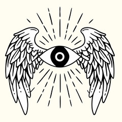 Fototapeta premium Winged sacred eye with divine rays in mystical style, symbolizing protection and spiritual vision