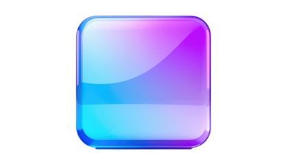 Glossy square with rounded corners, gradating from purple to blue, rendered with highlights and reflections on a black field