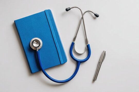 Blue notebook paired with stethoscope and pen symbolizes healthc