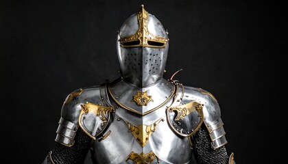 Gleaming metal knight's armor, adorned with gold details, stands against a dark background, creating stark contrasts