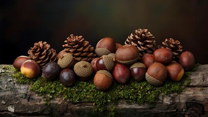 Autumn's Bounty: Acorns and Pine Cones on Mossy Log,Woodland Still Life with Acorns and Pine Cones Displayed on a Bed of Lush Green Moss
