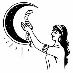 Woman holding serpent in crescent moon with mystic power and calm expression