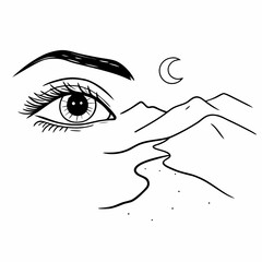 Woman eye over mountain and moon arc in sacred path style, minimal line art design
