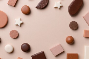 Fototapeta premium Colorful assortment of chocolates arranged playfully on soft bac