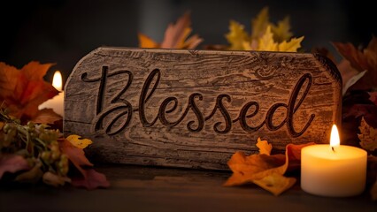 Rustic Blessed Sign and Candle Display with Autumn Leaves, A Warm and Inviting Scene with 'Blessed' in Carved Wood