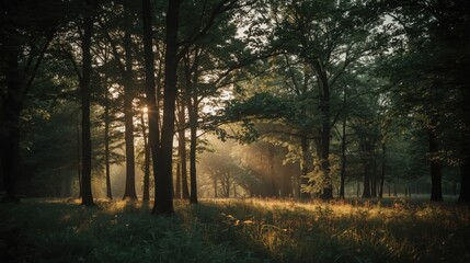Naklejka premium Sunlight streaming through tall trees in a dense forest casting light on the forest floor below
