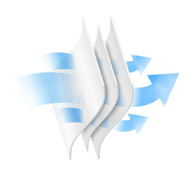 Three wavy layers with arrow for presentation breathable materials, airflow, air exchange. Vector illustration isolated on white background. Great infographic for your fabric, fiber, material. EPS10.
