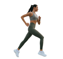 Young woman jogging on transparent background, wearing sportswear, focused and determined
