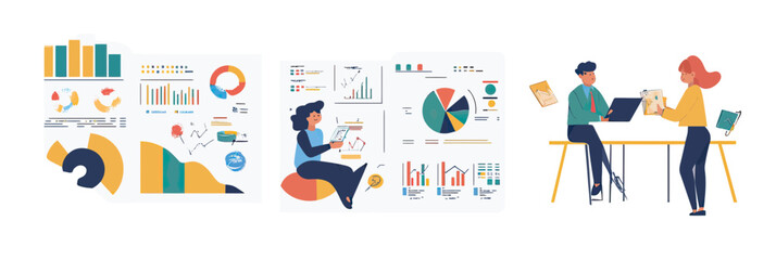 Business professionals analyzing marketing data with charts and graphs, discussing strategy with laptops in modern office environment flat vector illustration