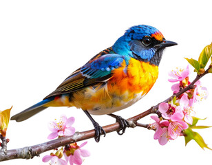 Colorful Songbird Perched on Branch with Blossoms, side view, isolated