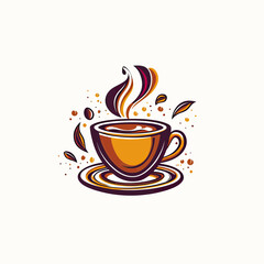Obraz premium Abstract stylized coffee cup with steam and decorative coffee beans and leaves, modern minimalistic coffee shop logo design vector illustration on white background
