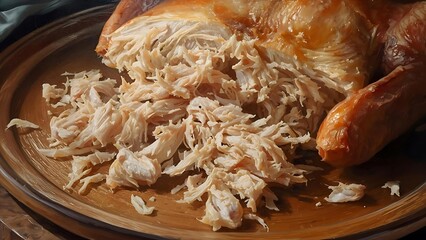 Pulled Chicken Feast Ready to Serve, Juicy Shredded Chicken Meat on a Wooden Platter